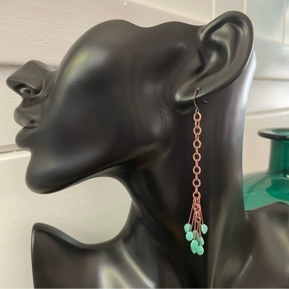 2/$29 Handmade Long Czech Glass Copper Dangle Earrings 3.75” Blue Green - Picture 2 of 4
